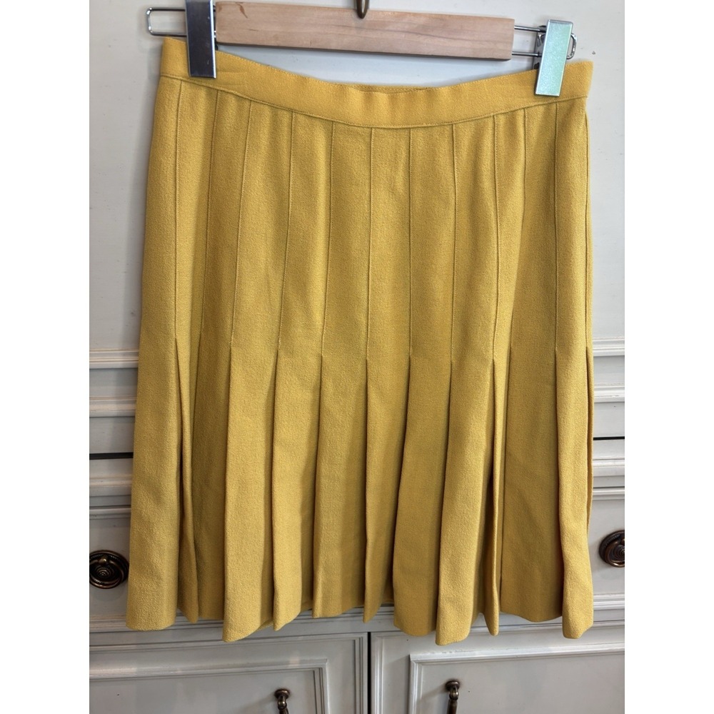 Chanel Vintage Mustard Yellow Pleated Midi Skirt Wool Logo Buttons 26 Classic - Picture 5 of 8